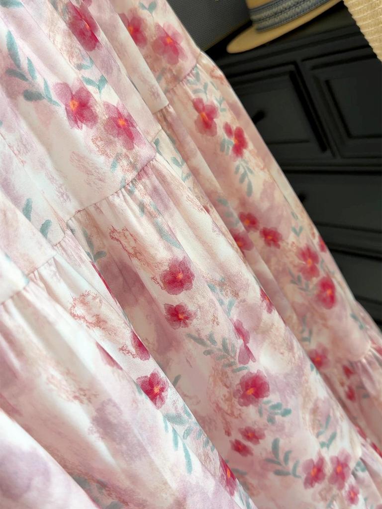 Gonna midi a ruota a vita alta con stampa floreale colorata in stile francese per donna - Slim fit Primavera & Estate