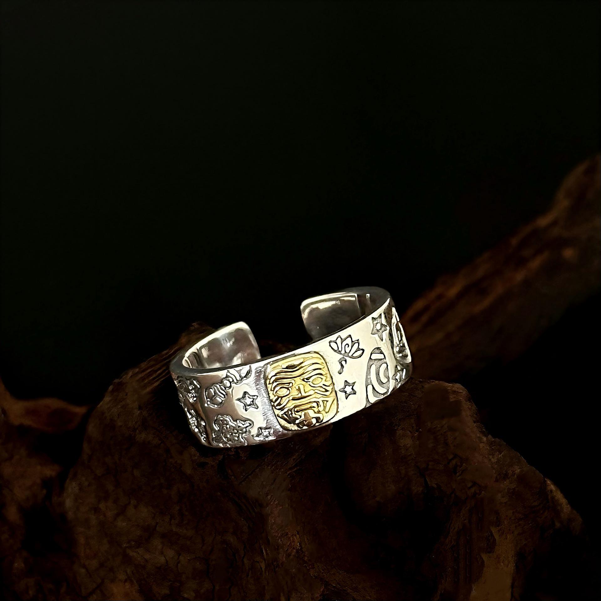 S925 Sterling Silver Zakira Lam Ring - Adjustable Retro National Style for Men and Women with Auspicious Words