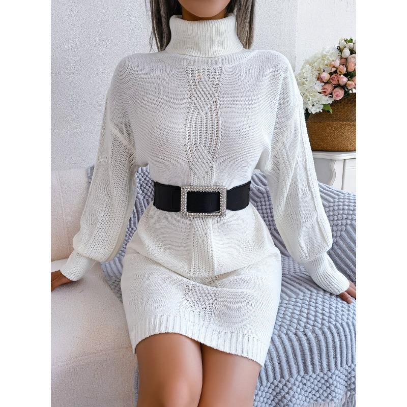 Autumn Winter Womens Casual Turtleneck Lantern Sleeve Knit Dress No Belt