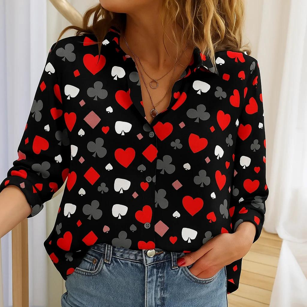Women Poker Pattern Long Sleeve O-Neck Shirt Fashion New Personalized Blouse Casual Autumn Winter Shirt Female Tops Spring