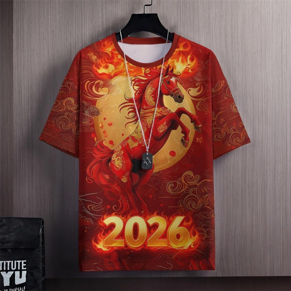 2026 Year of the Horse Fashion Red T-Shirt Men’s Extended Street Casual