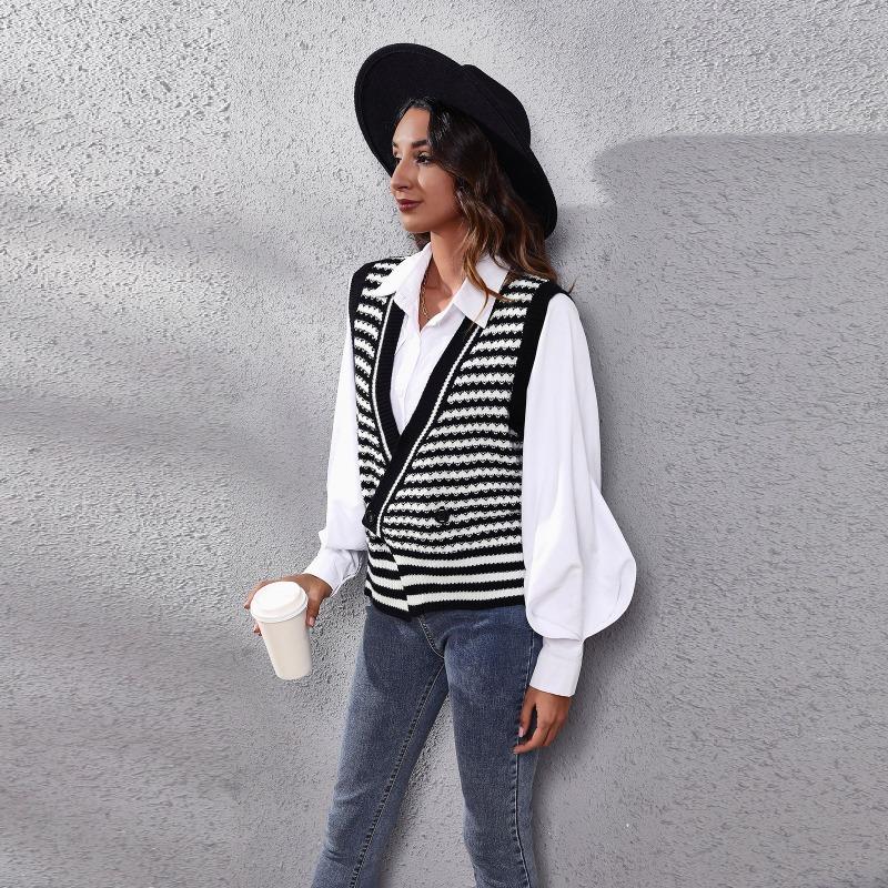 Spring and Autumn Women's Waistcoat Striped Knit Cardigan Sweater Vest