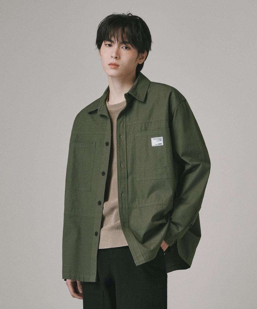 Beodeonteu Oversized Canvas Pocket Patchwork Shirt [Khaki]