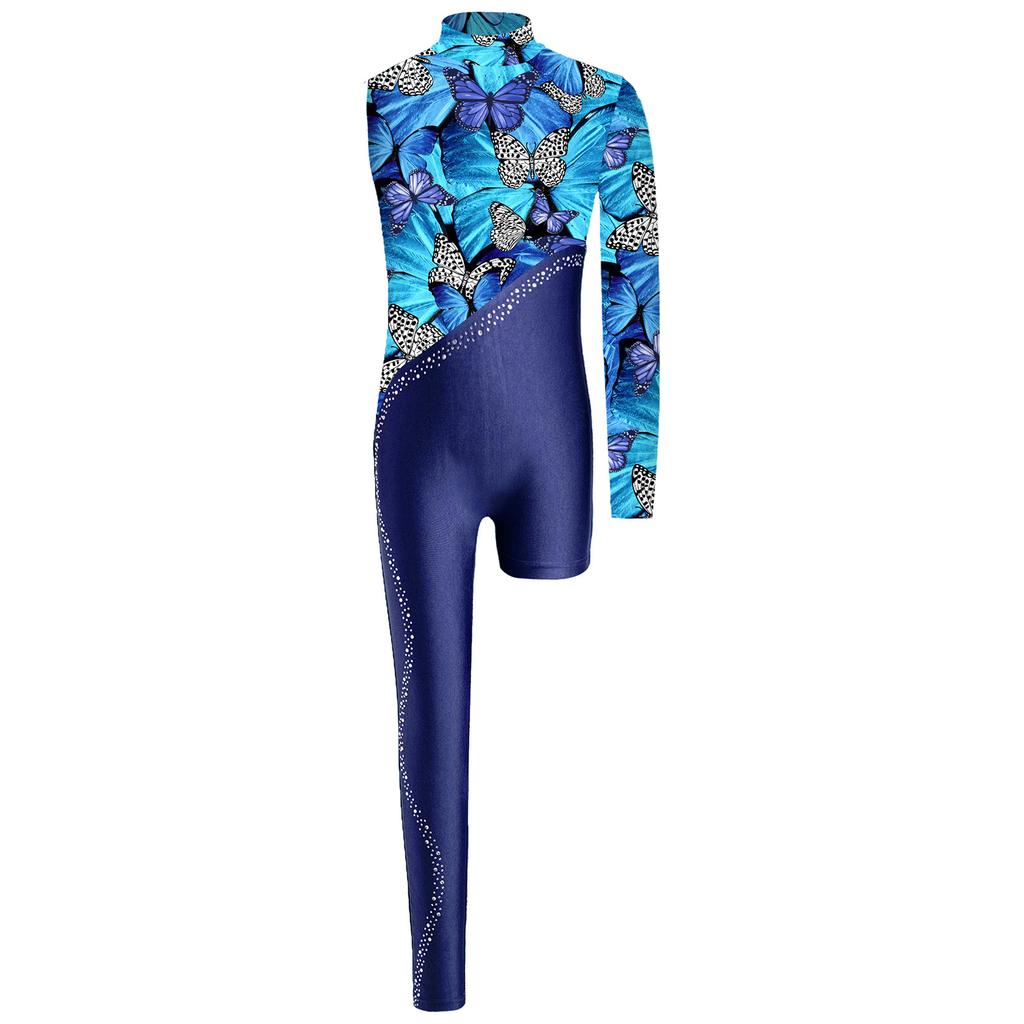 Girls Gymnastics Leotard Sparkly Rhinestone Invisible Zipper Printed Full Length Skating Jumpsuit