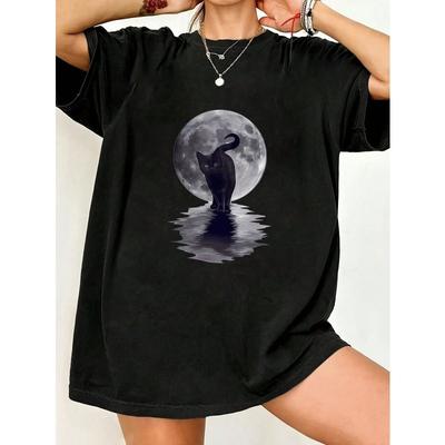 Schwarzes Oversized-T-Shirt mit schwarzer Katze und Vollmond-Print für Freizeitkleidung