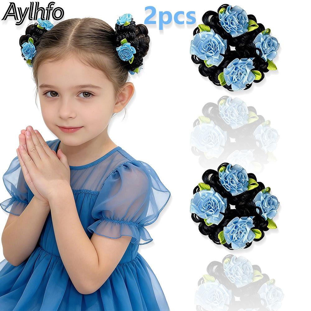 Aylhfo Girls' Spring 2pcs Colorful Flower Wig Scrunchies/Cute Bohemian Style Fabric Flower Wig Ponytail Hair Ties