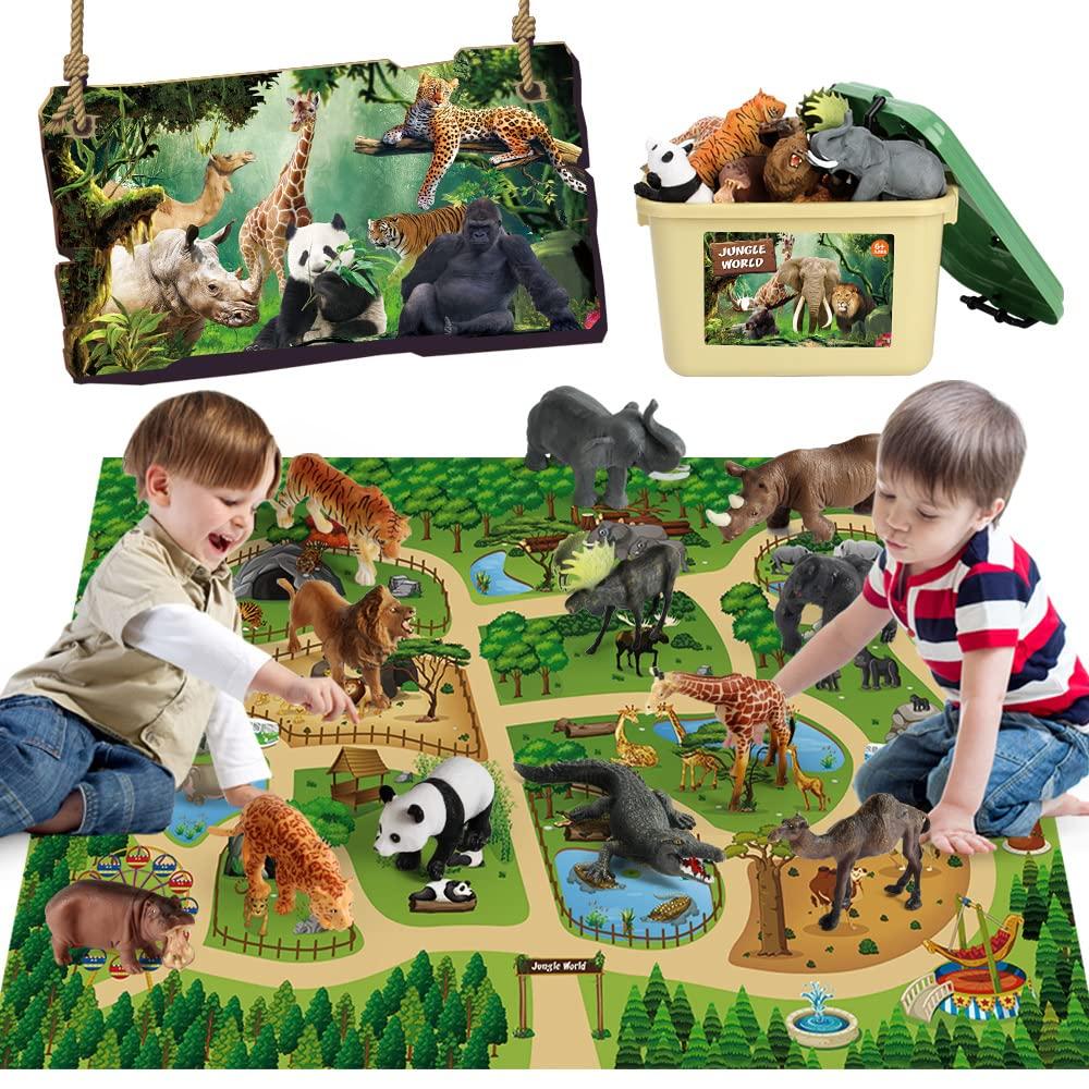 Mini Tudou 145x98cm Büyük Oyun Pisti ile 12 Parça Safari Hayvan Figürü Oyun Seti, Gerçekçi Dev Orman Vahşi Hayvanat Bahçesi Hayvan Figürleri, Fil Dahil,