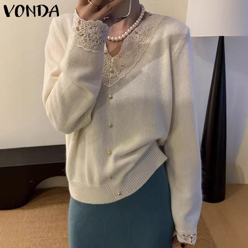 VONDA Autumn Winter Women Lace V Neck Long Sleeve Knitted Pullover Sweaters Jumpers