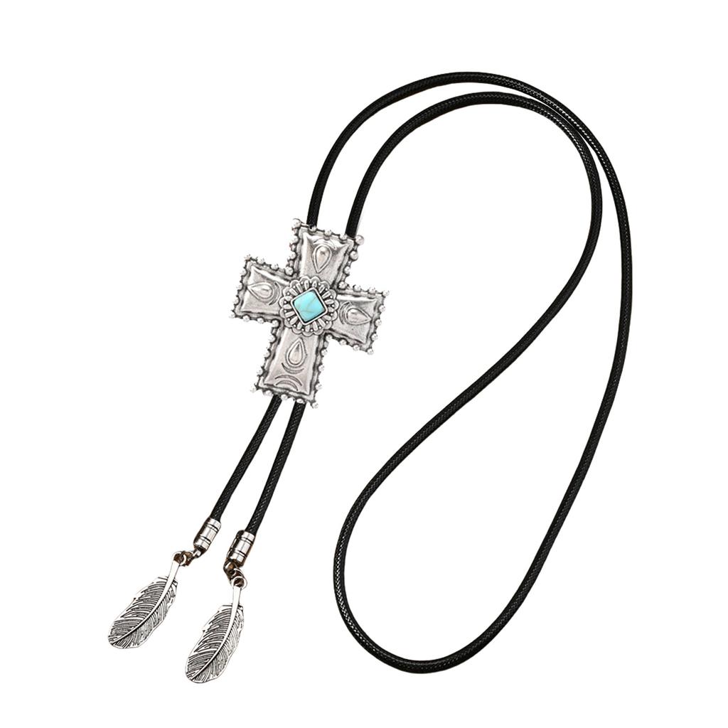 Men's Rodeos Western Leather Cord Bolo Tie Antique Floral Stone Jewelry Cowboy Necktie Necklace with Feathered Pendant