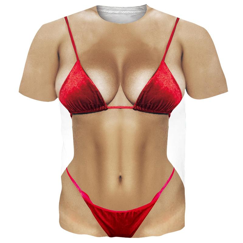 Men's Bikini Printed Fun T-shirt, Fake ABS Muscle 3D Printed Short Sleeved T-shirt, Cosplay Women's Clothing, Novelty T-shirt