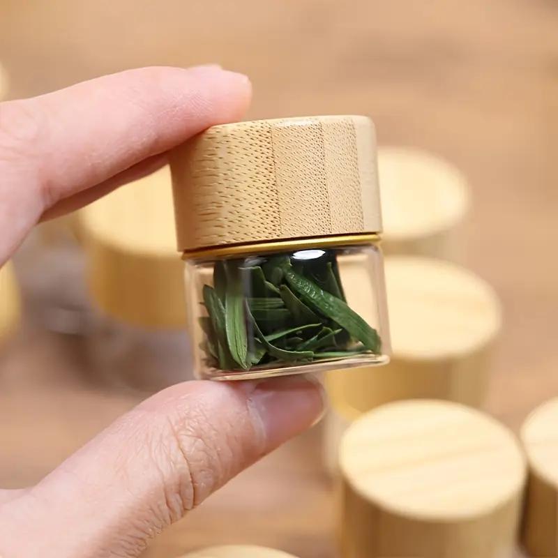 WTEMPO Mini Glass Bottles with Elegant Wood Grain Lids Compact Travel Kitchen Storage Containers for Nail Art Earrings Glitter Decorative Jars