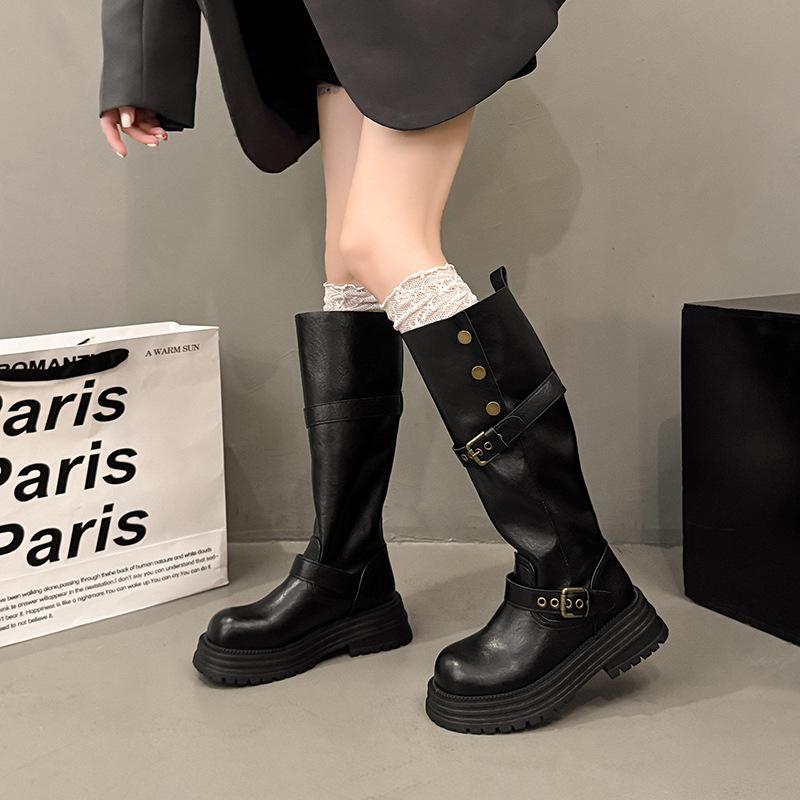 Imitation cowhide two wear retro British style thick heel thick-soled boots women's winter new boots tall and thin knight boots