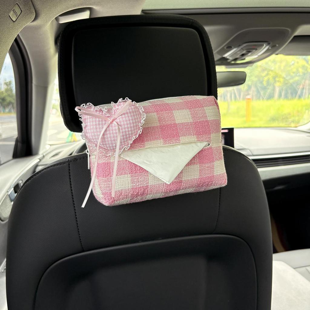 Cartoon Bear & Bunny Plaid Tissue Box for Car Seat Back, Armrest, or Sun Visor