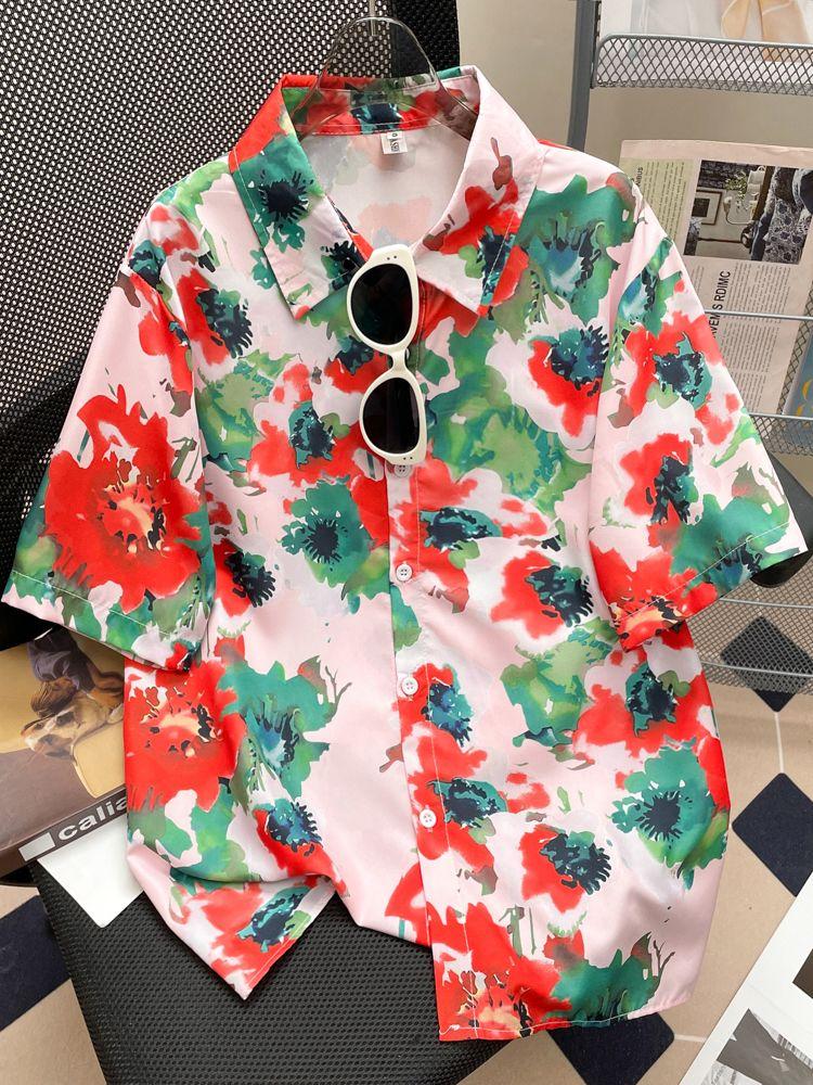 Hong Kong Style Retro Flower Shirt with Small Floral Loose Print Design Top New Arrival Beach Short Sleeve Student S
