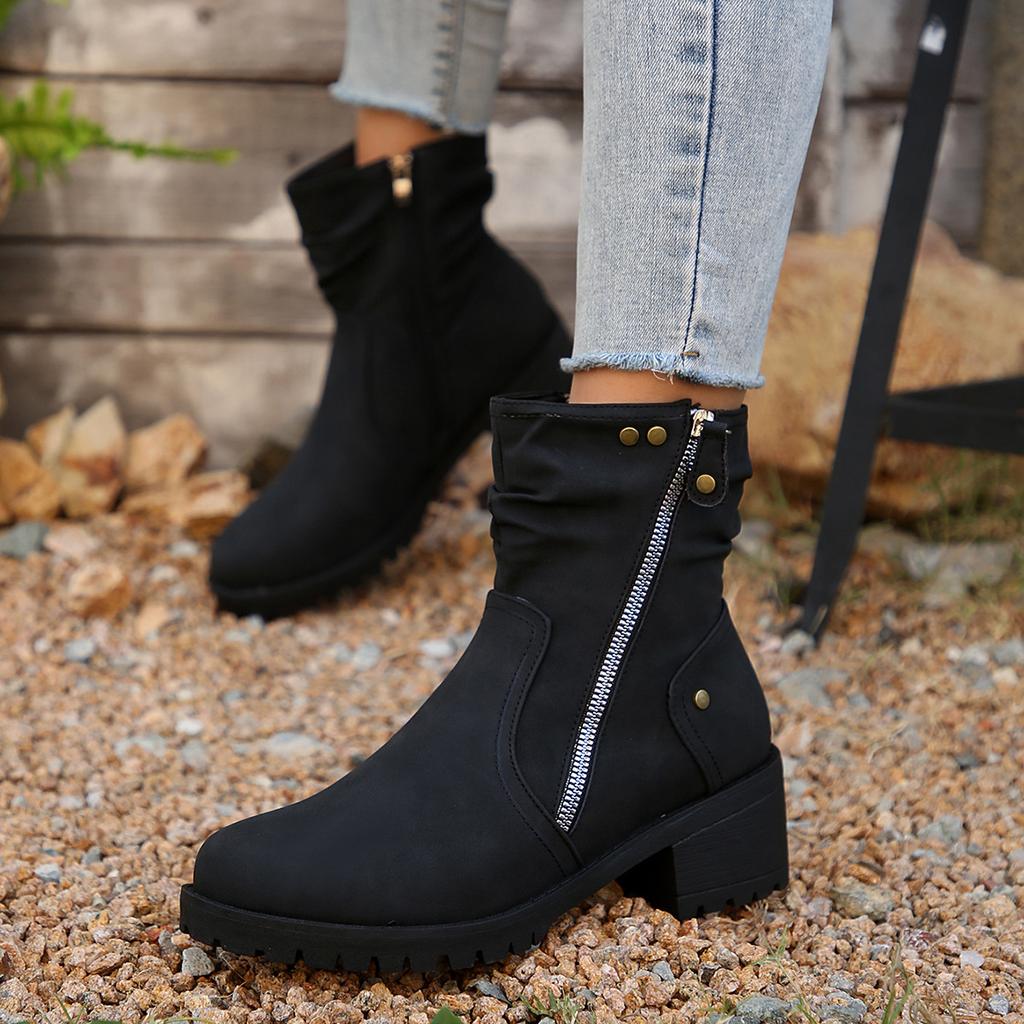 Winter Pleated Round Toe Mid-Heel Martin Boots 2025 New Plus Size Side Zipper Booties Women