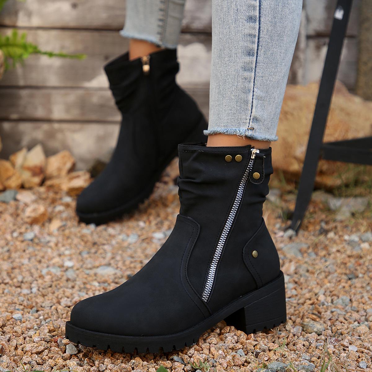 

Зимние плиссированные ботинки мартин с круглым носком и средним каблуком 2025 Новые больших размеров ботильоны на молнии сбоку Женские 43 чёрный