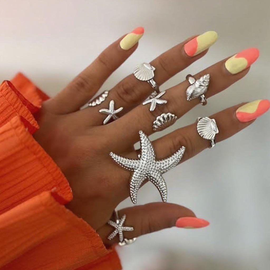 

Ocean Theme Adjustable Ring Set With Shell Elements For Women Fashion Jewelry