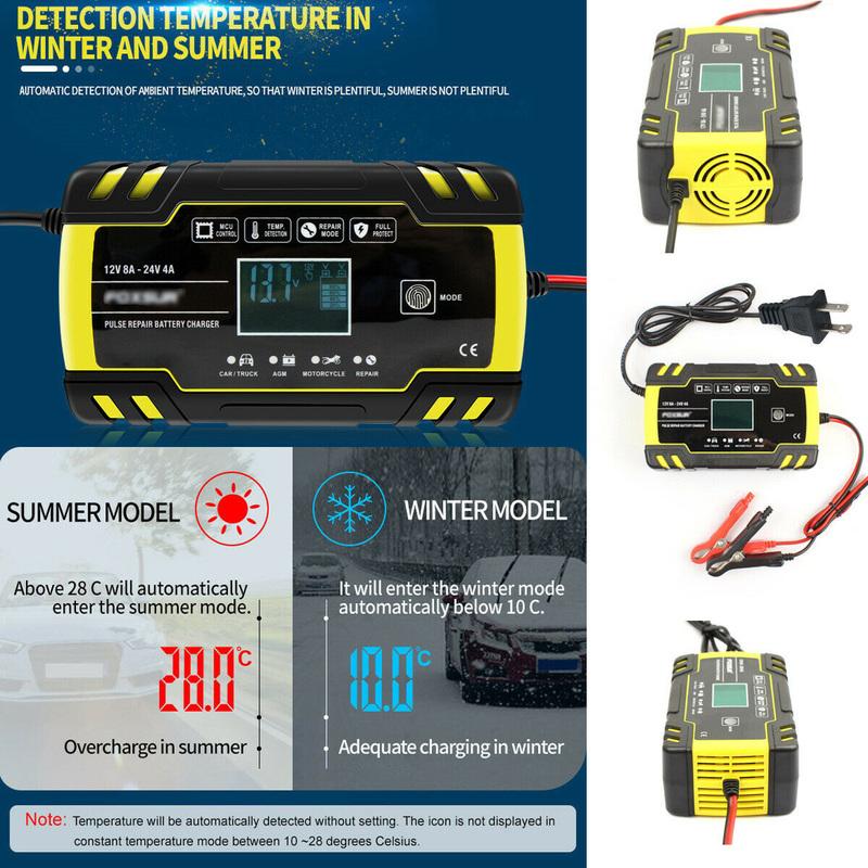 12V 24V 4A 8 Amp Motorcycle Car Battery Charger Intelligent Car Battery Charger Pulse Repair Starter US