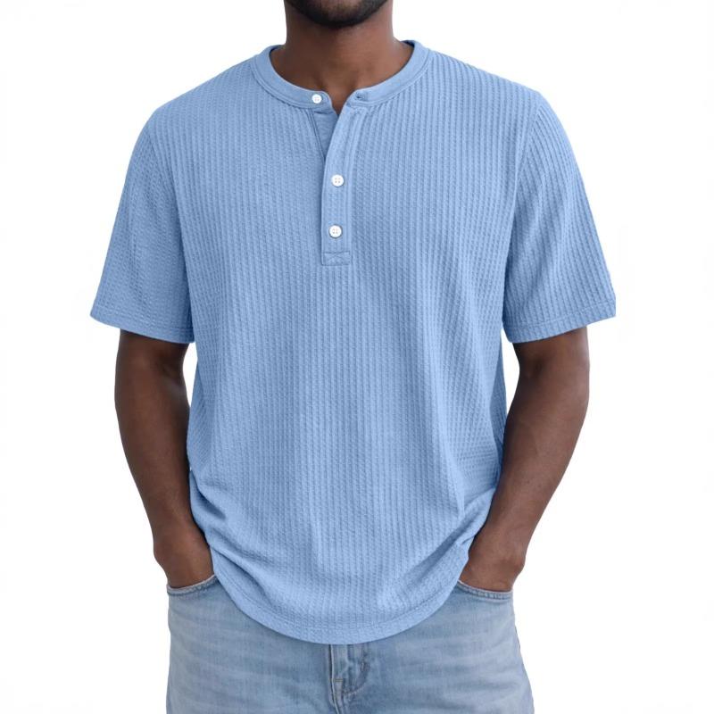 Mens Green Waffle Knit Henley Shirt Short Sleeve Crew Neck Casual Loose Fit Pullover