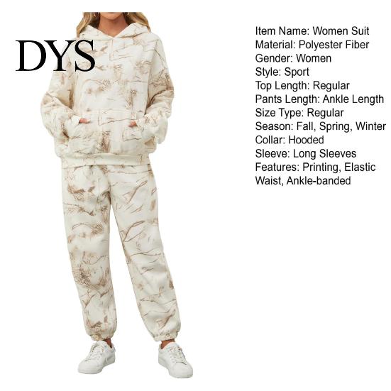 Zestaw Bluza z Kapturem i Spodnie Dresowe Camo 2 Szt./Zestaw Damski Garnitur Nadruk Długie Rękawy Gruba Bluza Codzienny Dres Elastyczna Talia Spodnie ze Ściągaczem przy Kostce Sport