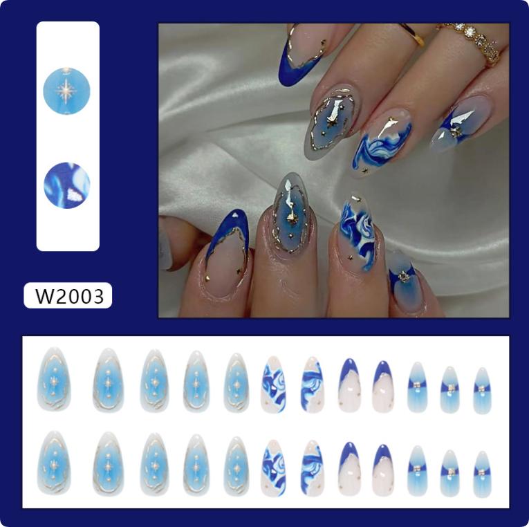 French Style Art Nail Patch 3D Flower Gold Line Fake Nails Reusable Nail Tips For Women Diy Manicure Accessories