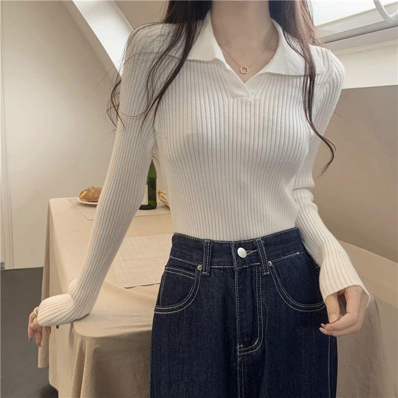 Women's Pure and Sexy Style Polo Collar Knitted Shirt Spring and Autumn Top Outer Wear Slim-Fitting Spicy Girl Sweater Versatile Soft Base Layer