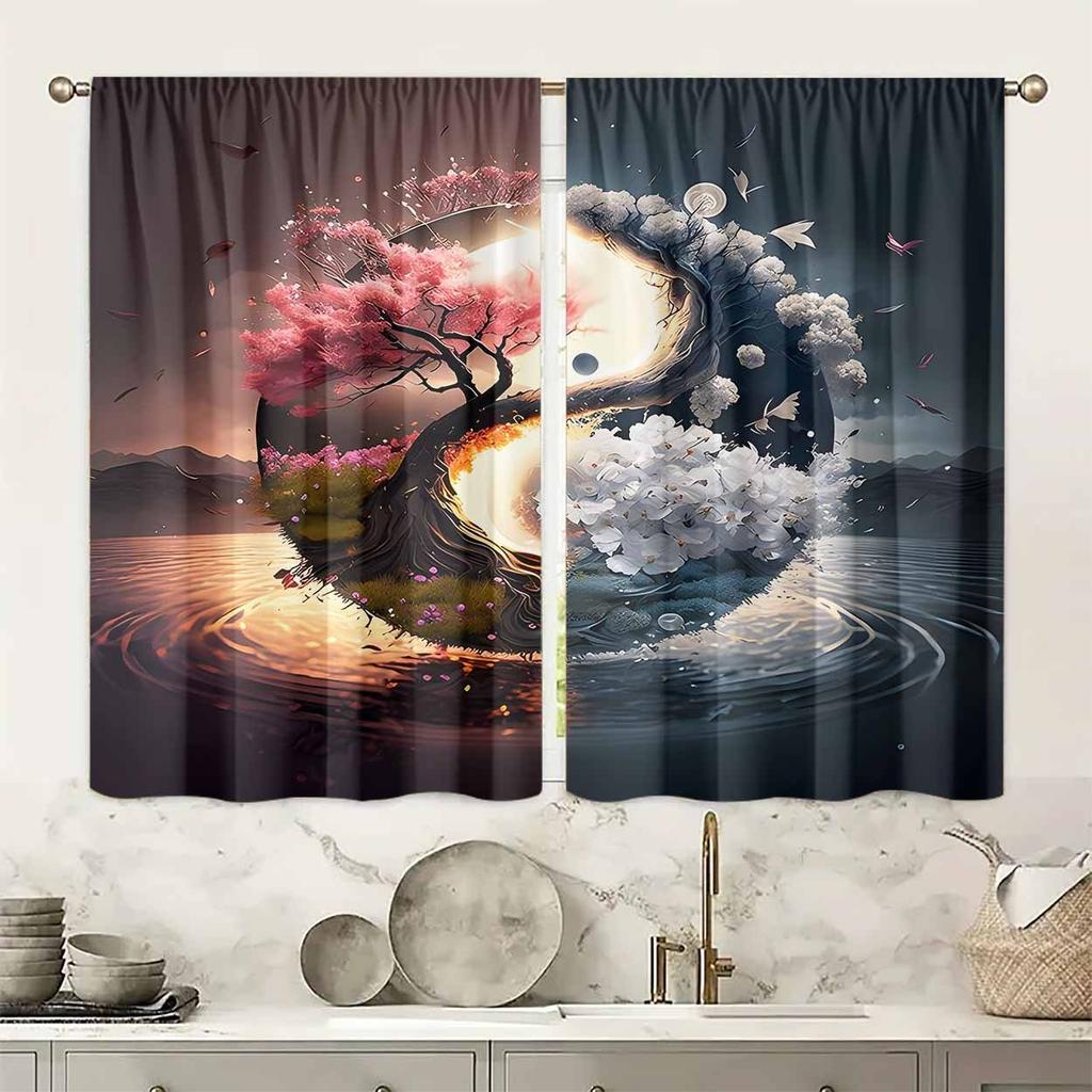 2pcs, Polyester Material, High-definition Digital Printing Two-color Splicing Landscape Pattern Print, Light Filtering Curtain,