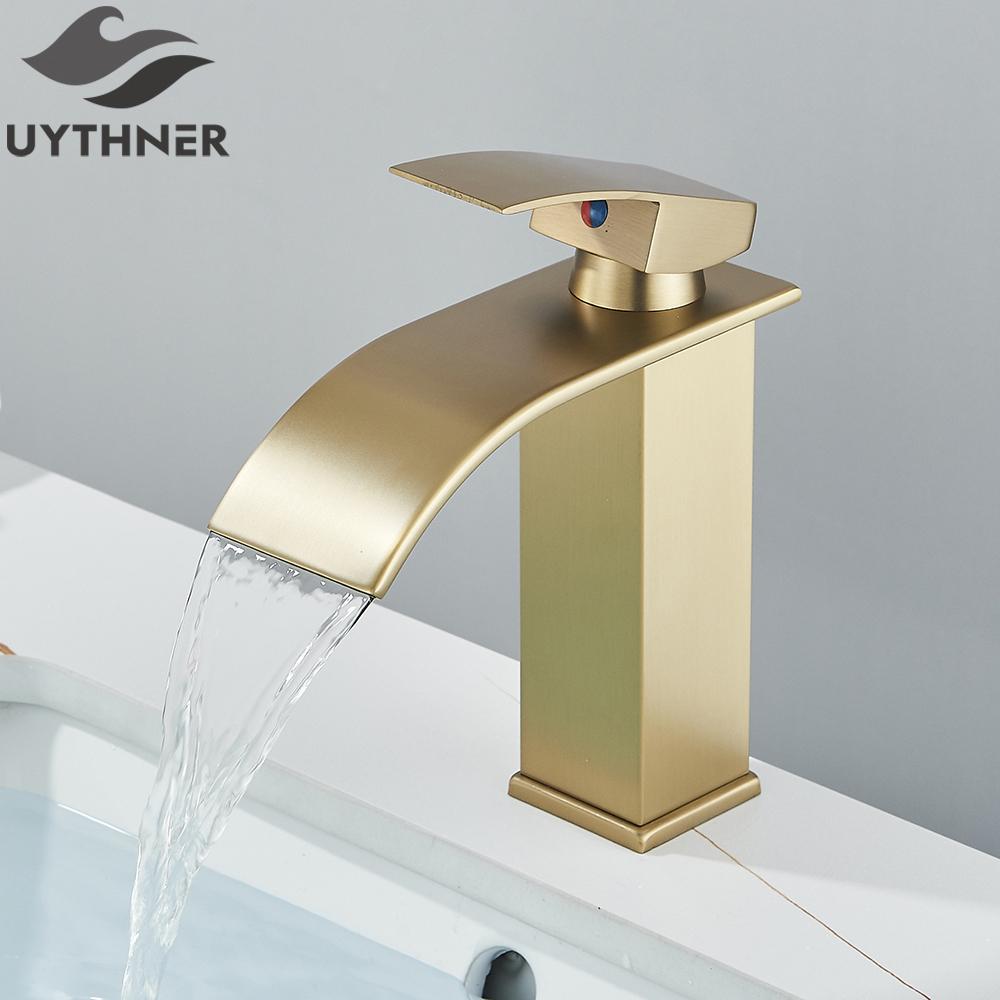 Brushed Golden Basin Faucets Elegant Waterfall Bathroom Sink Faucet Single Lever Hole Deck Mount Brass Mixer Taps