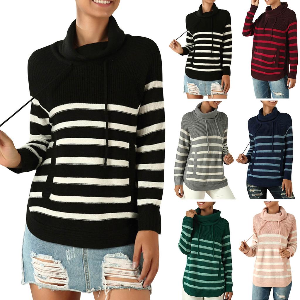Women's Fashion Loose Classic Warm Winter Striped Turtleneck Long Sleeve Knit Sweater