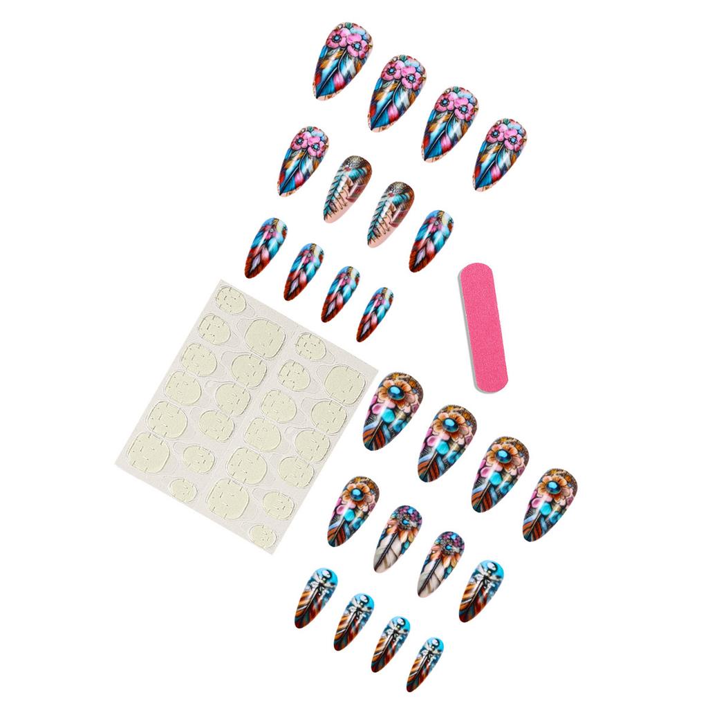 Colorful Floral Press On Nail Medium Almond Stick On Nail Fall Flowers False Nail Full Cover Valentine Gift for Women