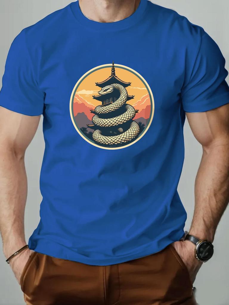 Men's T-Shirt 100% Cotton Cartoon Animal Snake Print Summer Oversized Round Neck Breathable Casual Short Sleeve Fashion T Shirt