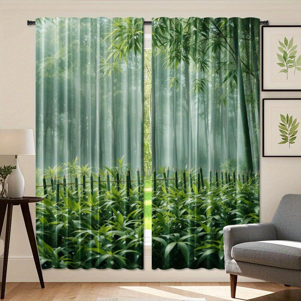 2pcs Ink Bamboo Forest Print Curtains - Rod Pocket Design   Light Filtering & Privacy Enhancing   Durable Polyester Microfiber for