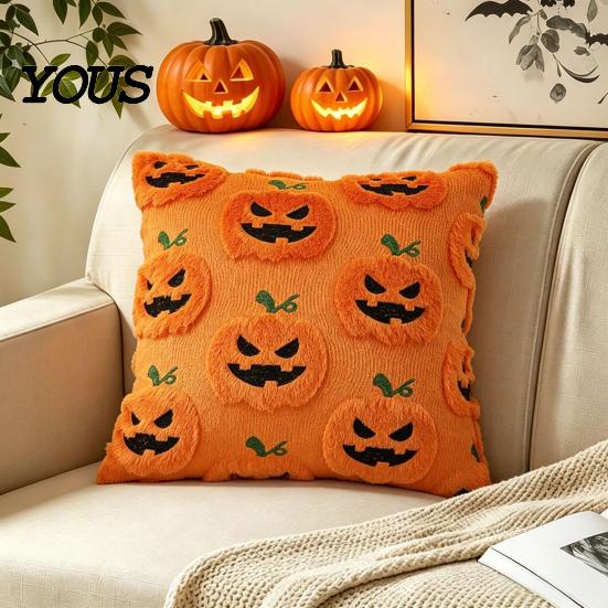 Cozy Bedroom Cushion Cover Ghost Pumpkin Cover, Halloween Throw Pillow Cute Gift Ideas Embroidered Case, Soft Plush Pillowcase for Couch Sofa Holiday
