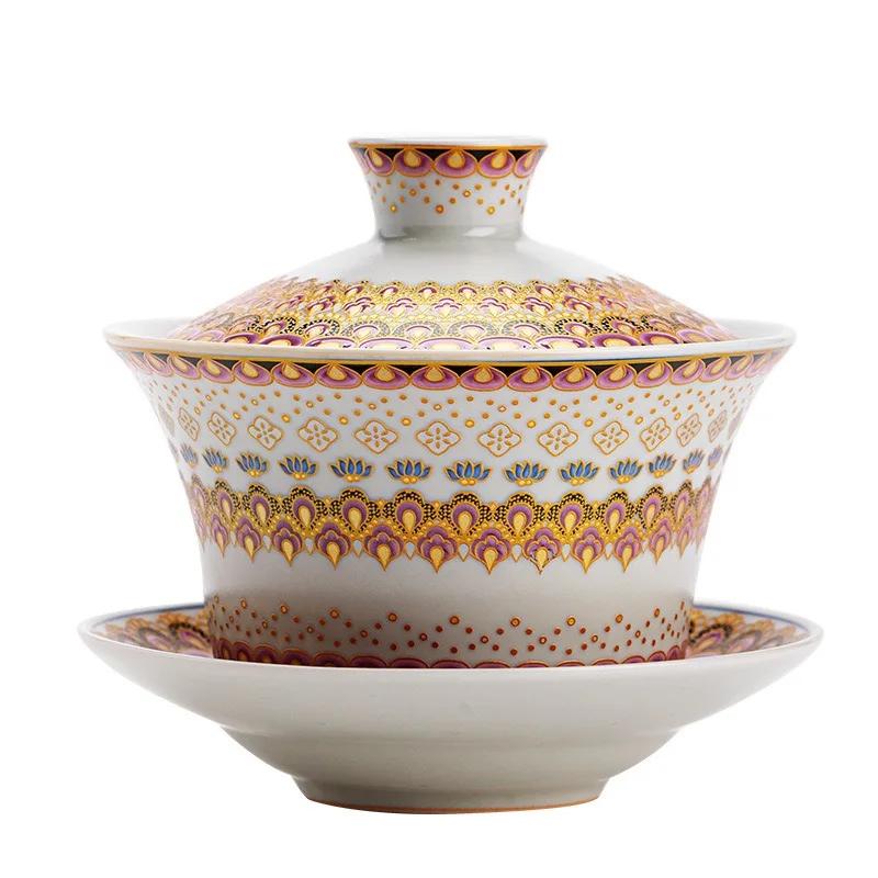 Jingdezhen Imitation Song Ru Kiln Enamel Color Tea Bowl Gold and Jade Full Hall Three Talent Cover Bowl Ceramic KungFu Tea Bowl