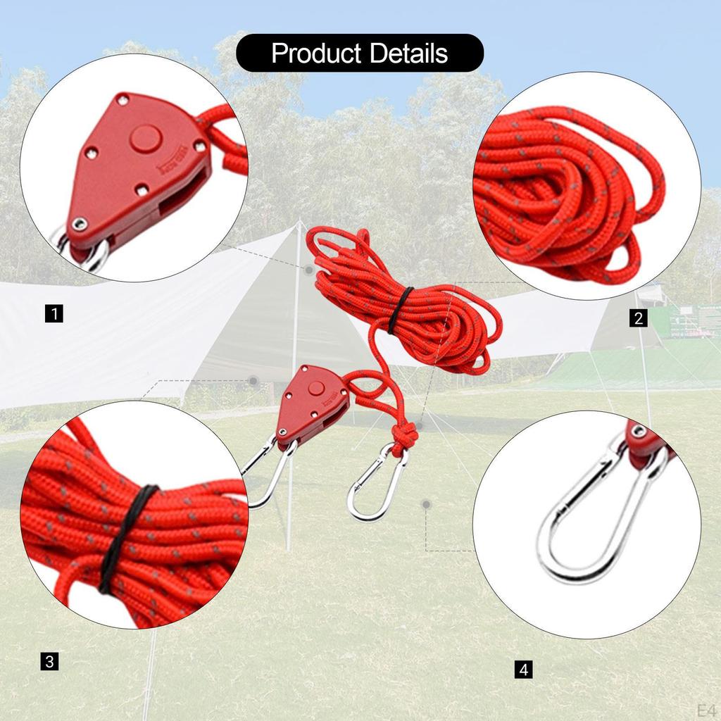 Rope Hanger Ratchet Strap Lightweight 12ft Reflective guyline with Pulley for Awning Tents Camping