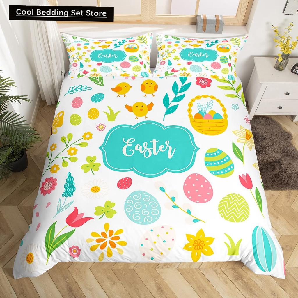 Watercolor Easter Eggs King Queen Bedding Set Happy Easter Themed Duvet Cover Toddlers Rainbow Easter Egg Polyester Quilt Cover