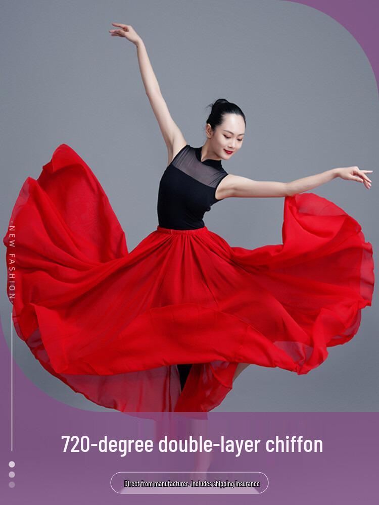 Modern Chinese Style Xinjiang Chiffon Dance Skirt - 720° Flowing Performance Skirt