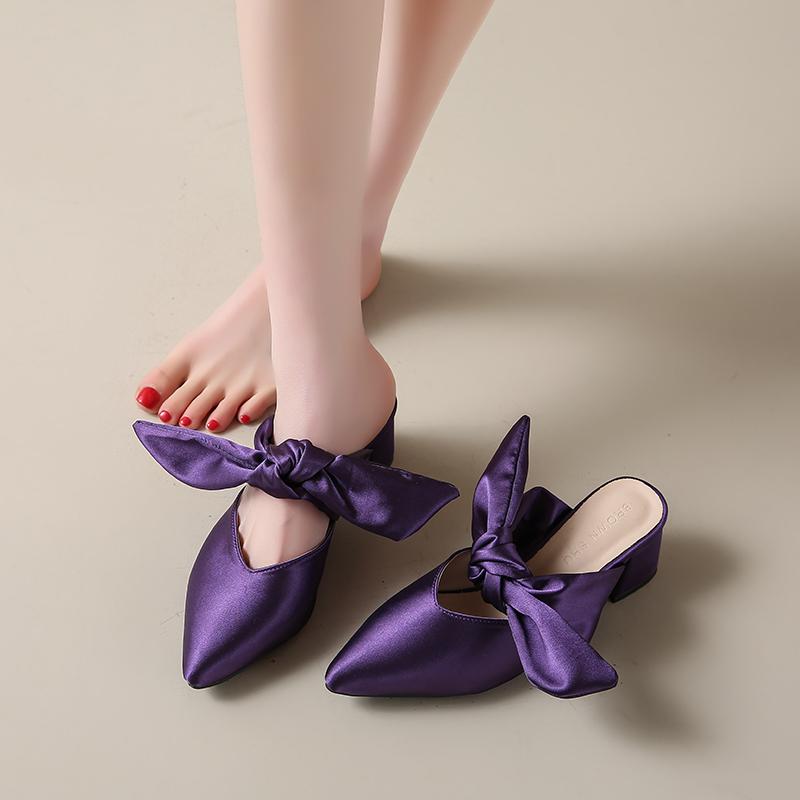 Baotou Thick Slippers for Women Pointy Head Shallow Mouth Butterfly Knot Set Foot Anti-slip Wear-resistant High Heels
