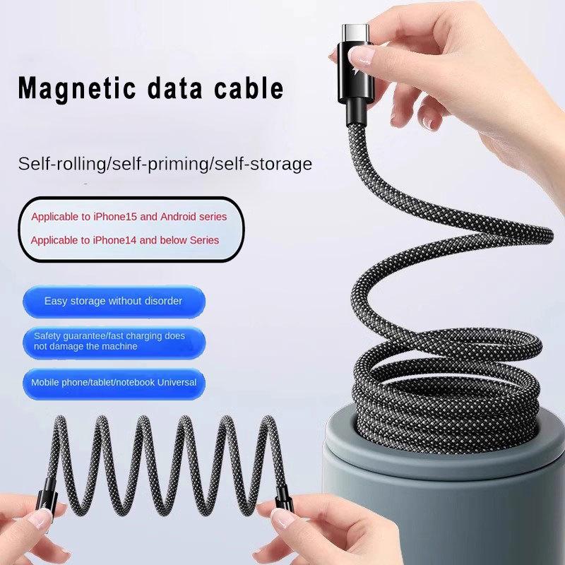 100W 27W Magnetic Type C USB to For iOS Cable Coiled Fast Charging for iPhone 15 14 16 Pro max Samsung S25 Google Magnet Storage