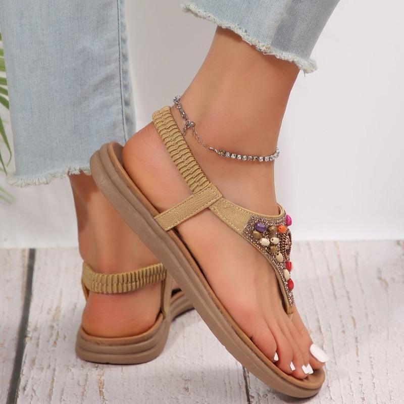Women's Plus Size Beaded Roman Toe Post Flat Sandals, Retro Casual Anti-Slip Beach Shoes