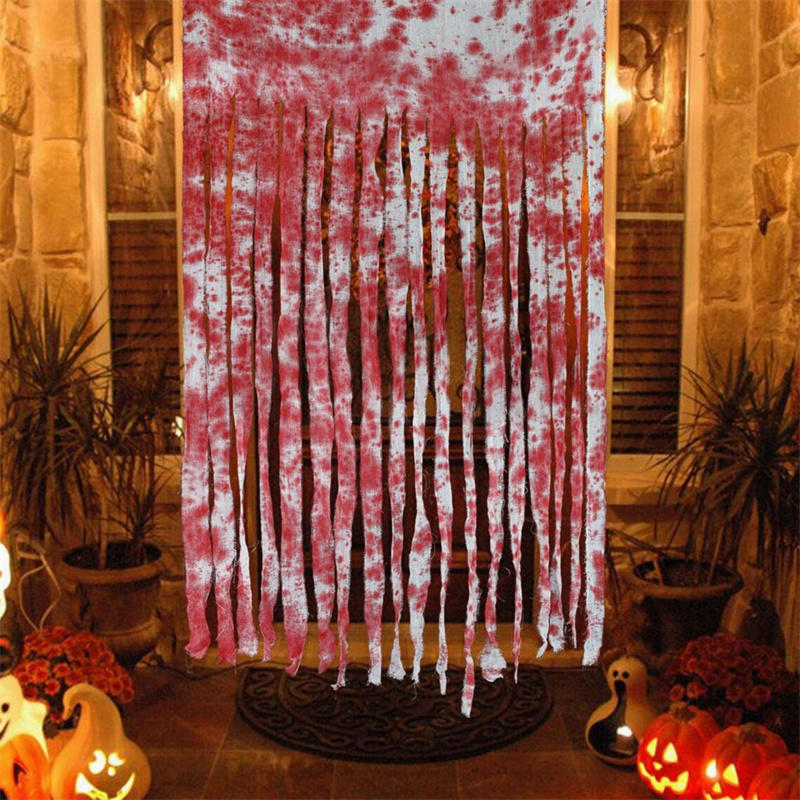 Halloween Scaring Bat and Blood Door Handprint Curtain Door Cover for Home Office Party Decor Blood-stained Handprint Gauze Prop
