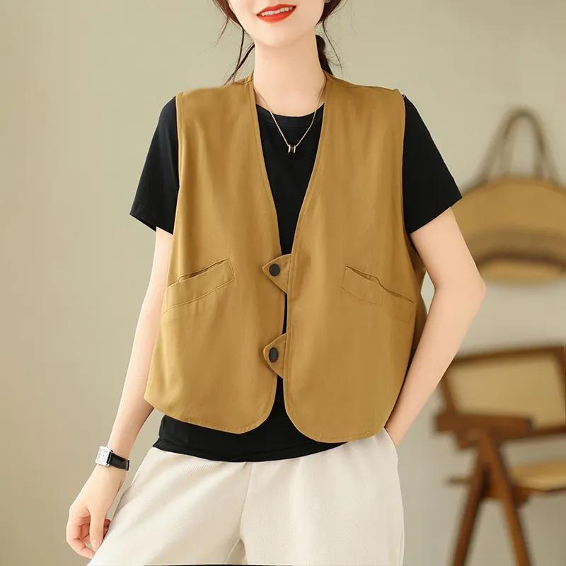 

Women s Black Vest V Neck Button Down Sleeveless Casual Waistcoat with Triangle Hem M хаки