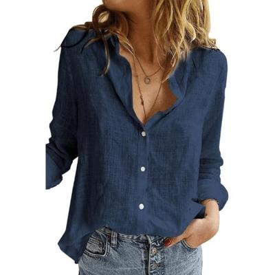 Button Up Women Blouses Autumn Solid Color Casual Loose Long Sleeved Cotton Shirts