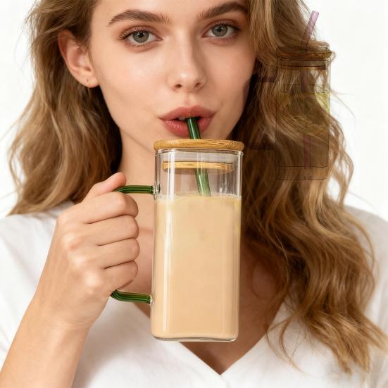 Square Glass Tumbler with Handle And Lid 380ml Transparent Coffee Cup Portable Tea Milk Jar for Hot Cold Drinks