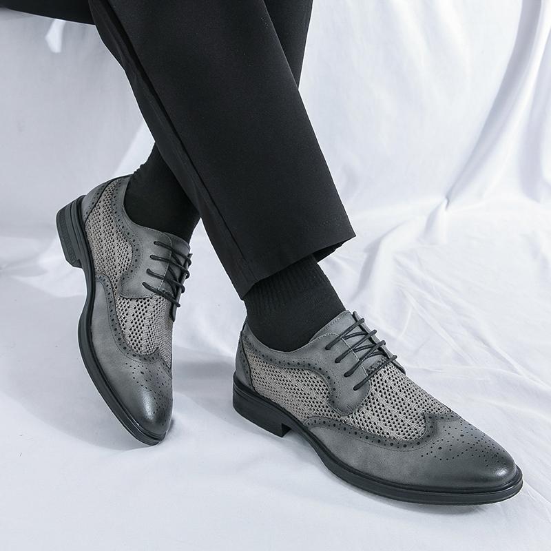 Men Brogues Grey Derby Wedding Dress Summer Pointed Toe Elevator Shoes Tuxedo Prom Blazers Shoes Plus Size