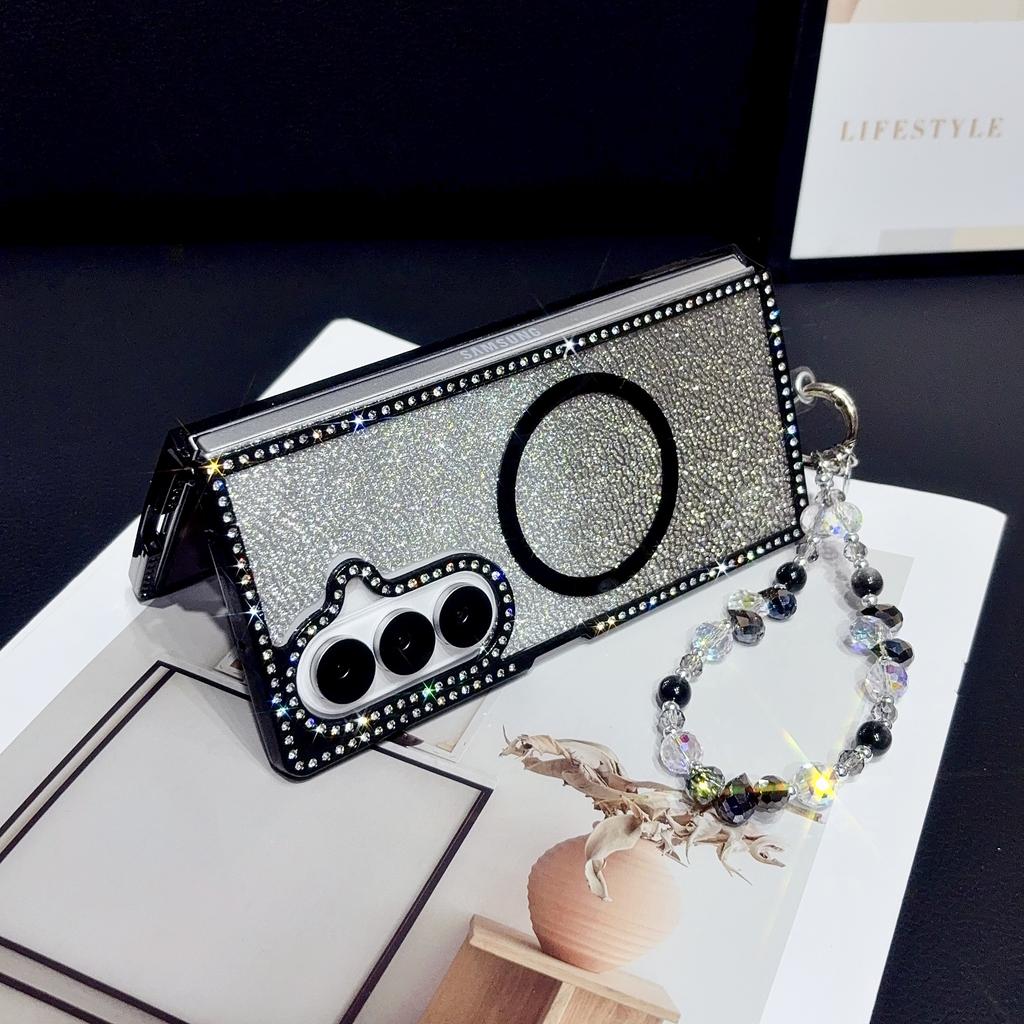 Fashion Glitter Inlaid Diamond Magnetic Phone Case For Samsung Galaxy Z Fold 7 6 5 4 3 Crystal lanyard Shockproof Slim Cover