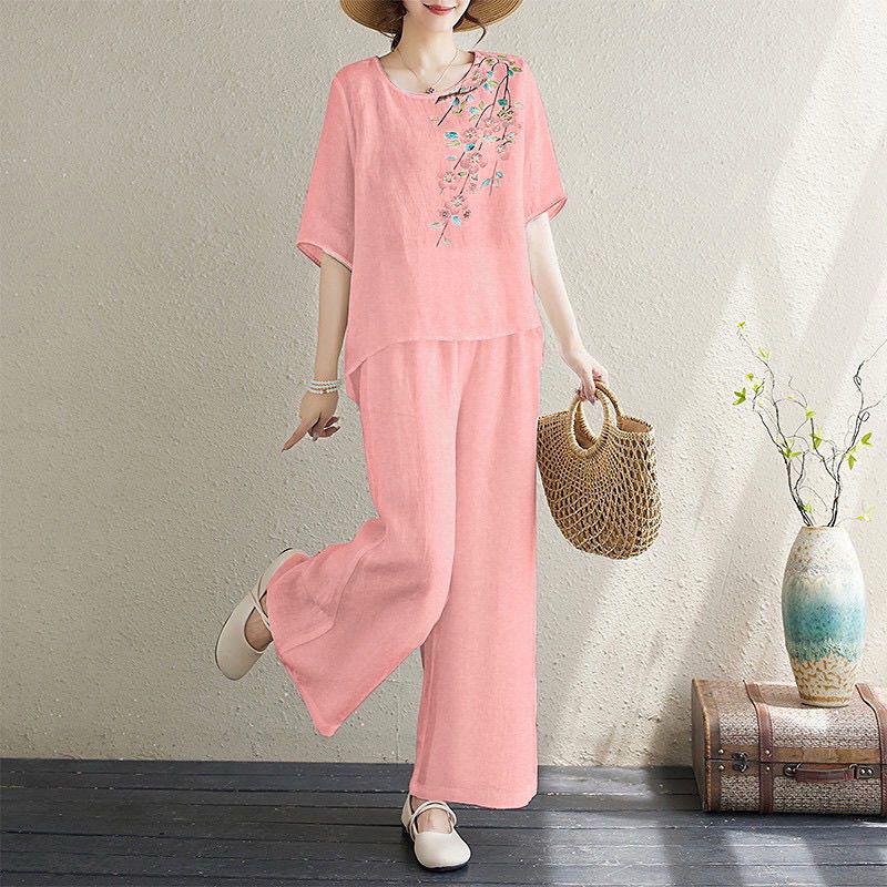 Retro Cotton Linen Print Women's Two-Piece Set: Summer Pullover & Lightweight Wide-Leg Pants with Slimming Top, Short Sleeve