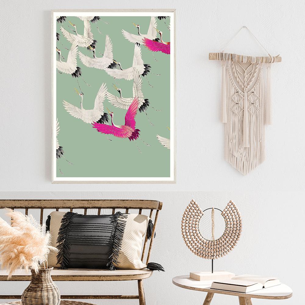 Swarm Japanese Royal Cranes Art Prints Vintage Bird Sage Green Wall Art Canvas Painting Retro Abstract Pictures Home Decor