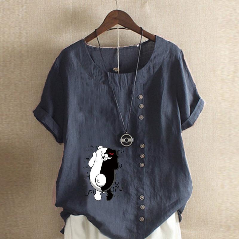 Women's Fashion Round Neck Short Sleeve T-shirt Casual Cotton Linen Graphic Shirt Leisure Loose Black and White Bear Prined Summer Blouse Tops