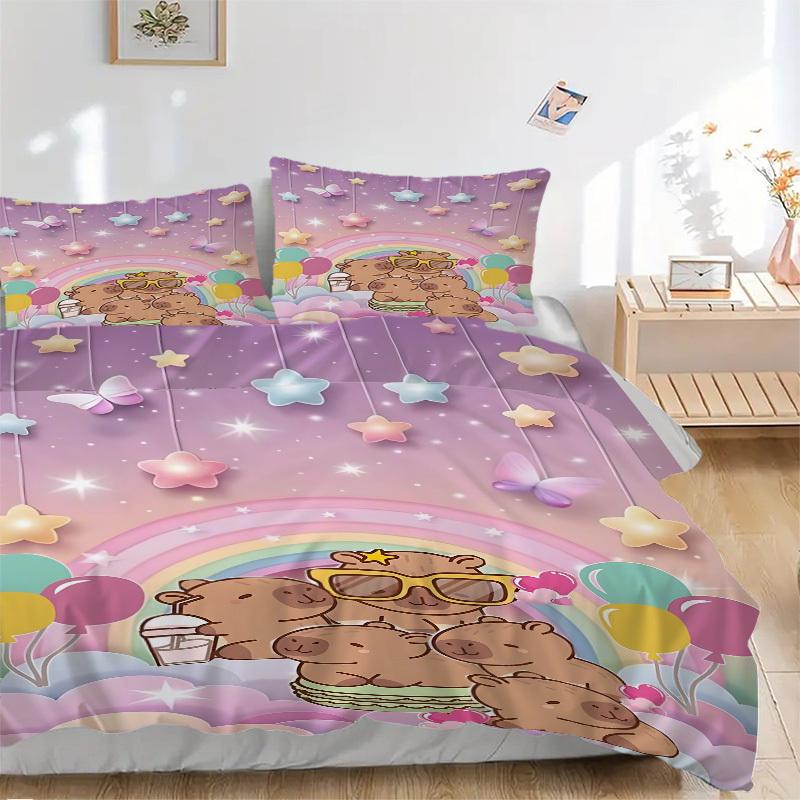 

3PCs Cute Capybara Design Cover Set, Breathable Fabric(1 Duvet Cover + 2 Pillowcases) (Without Quilt) yy250911204 135x200cm
